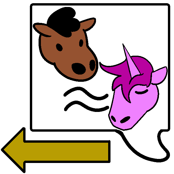 A horse and a unicorn with a wavy equals sign between them in a speech bubble. Beneath the speech bubble is a yellow arrow pointing to the left.